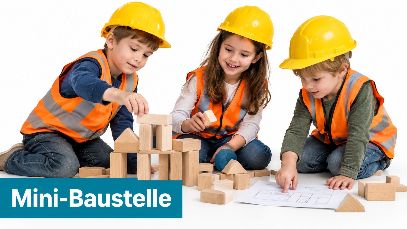 Drei kleine Kinder tragen Bauhelme und Warnwesten und spielen gemeinsam mit Holzbausteinen auf dem Boden.