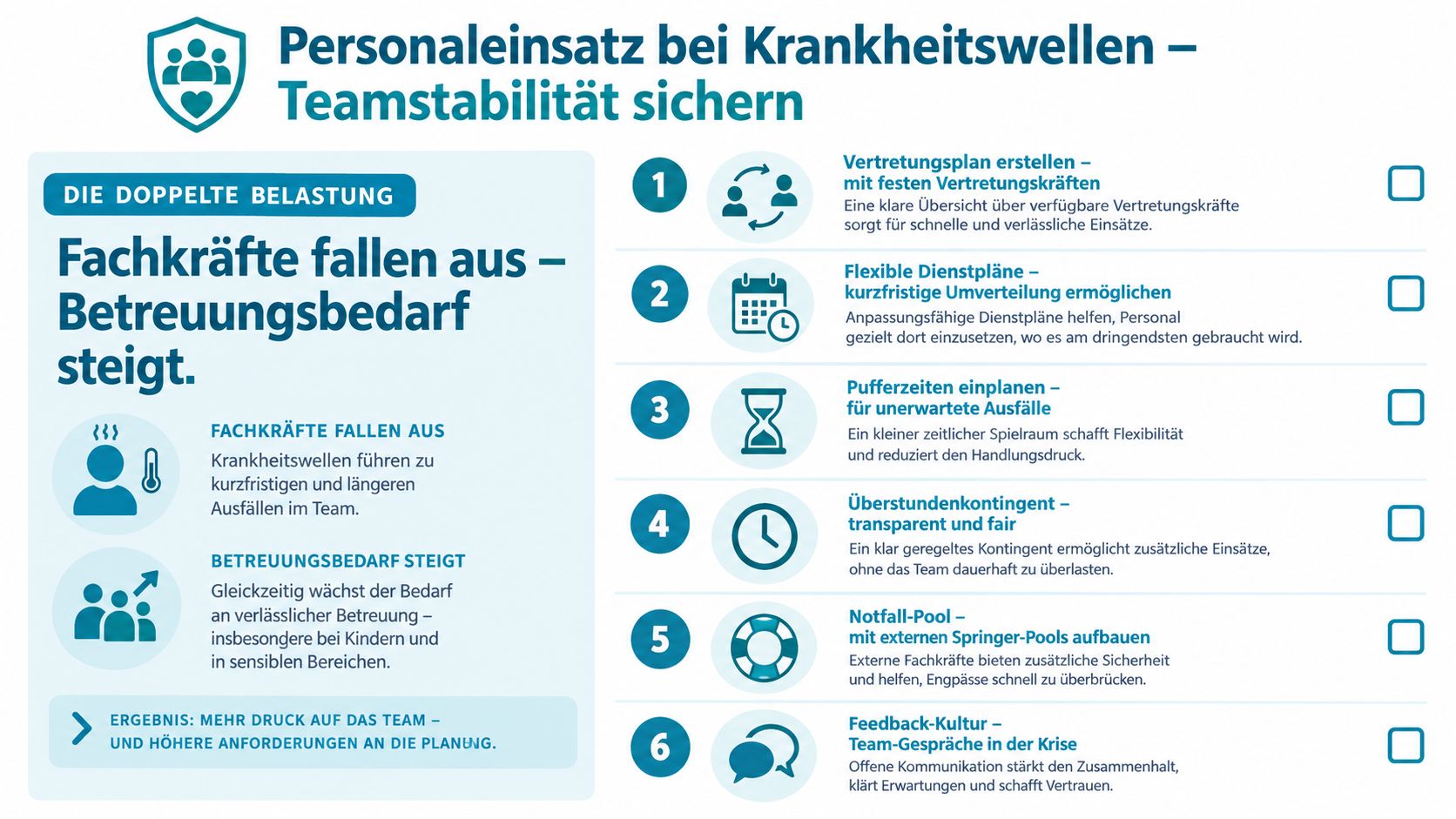 Infografik zeigt sechs Strategien zur Sicherung der Teamstabilität bei krankheitsbedingten Personalausfällen in Betreuungseinrichtungen.