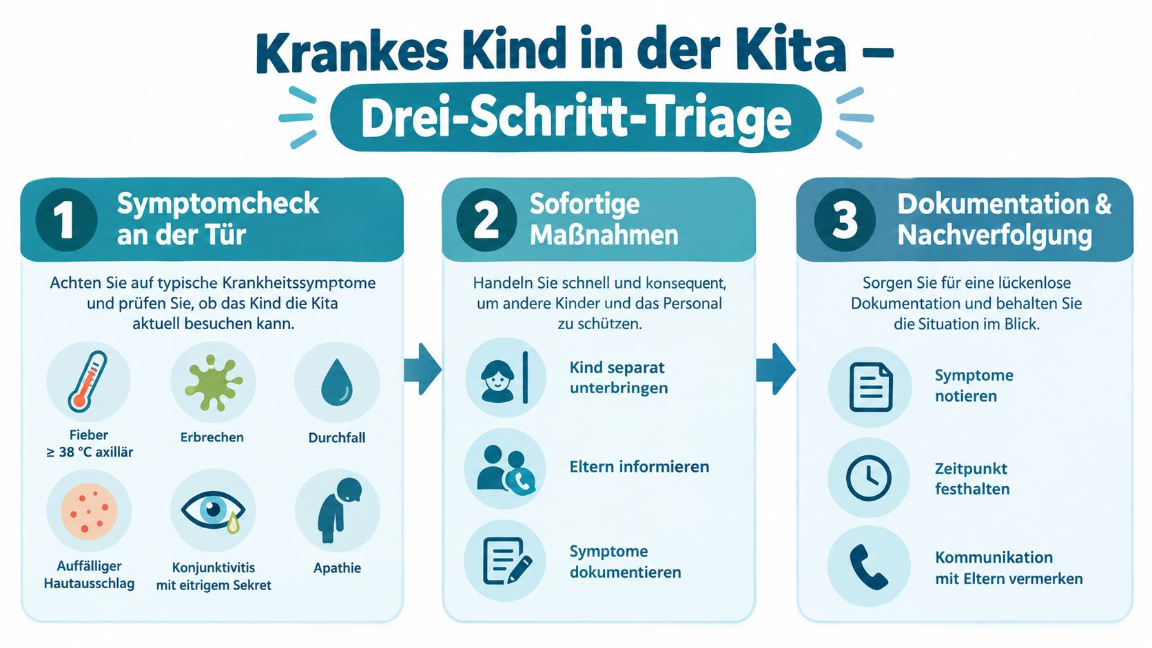 Eine Infografik zur Drei-Schritt-Triage für kranke Kinder in der Kindertagesstätte mit Symptomen, Sofortmaßnahmen und Dokumentationsanweisungen.