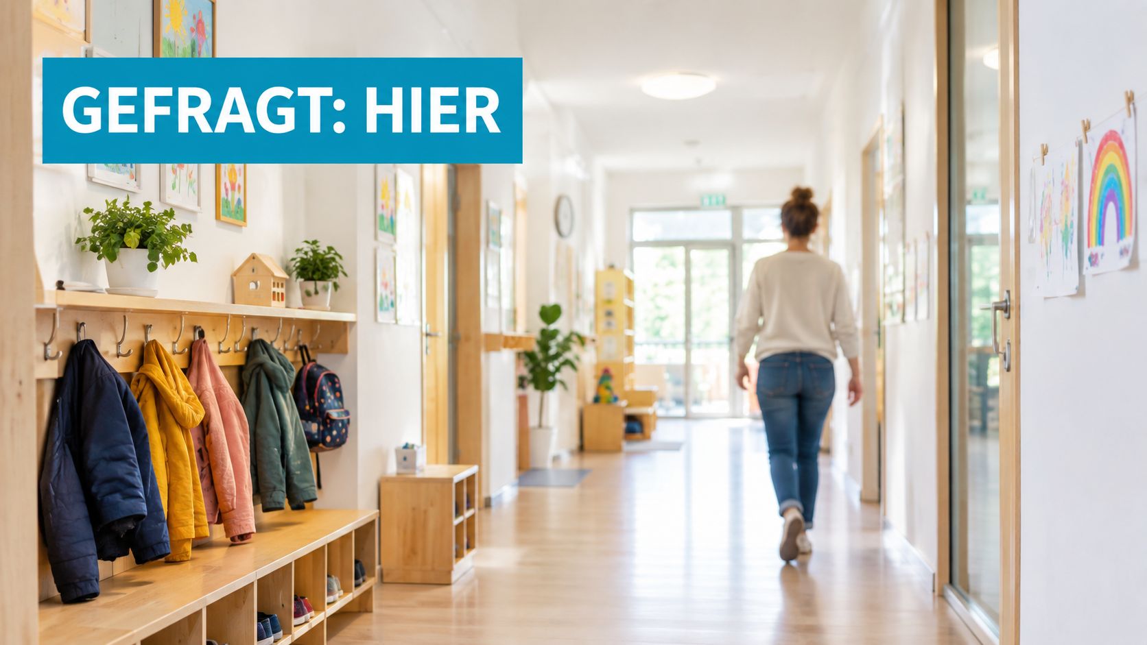 Eine Frau geht einen hellen Flur in einer Kita entlang, vorbei an Garderoben mit Jacken und Kinderzeichnungen.