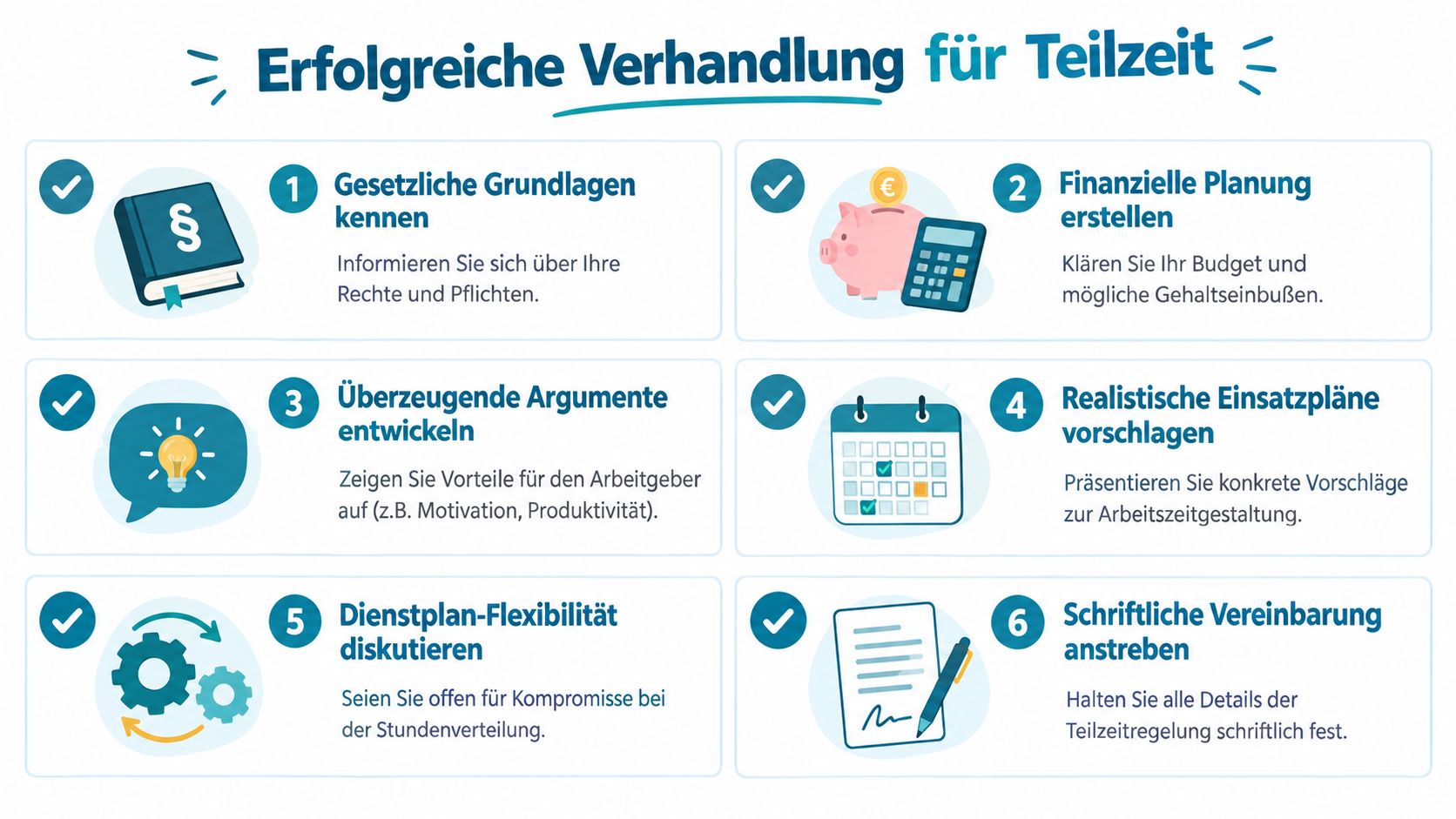 Eine Infografik mit sechs Schritten für eine erfolgreiche Verhandlung von Teilzeit im beruflichen Kontext.