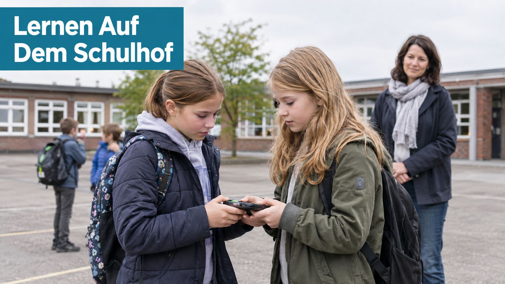 Zwei Schülerinnen betrachten gemeinsam auf dem Schulhof ein mobiles Gerät, während eine Lehrerin im Hintergrund zuschaut.