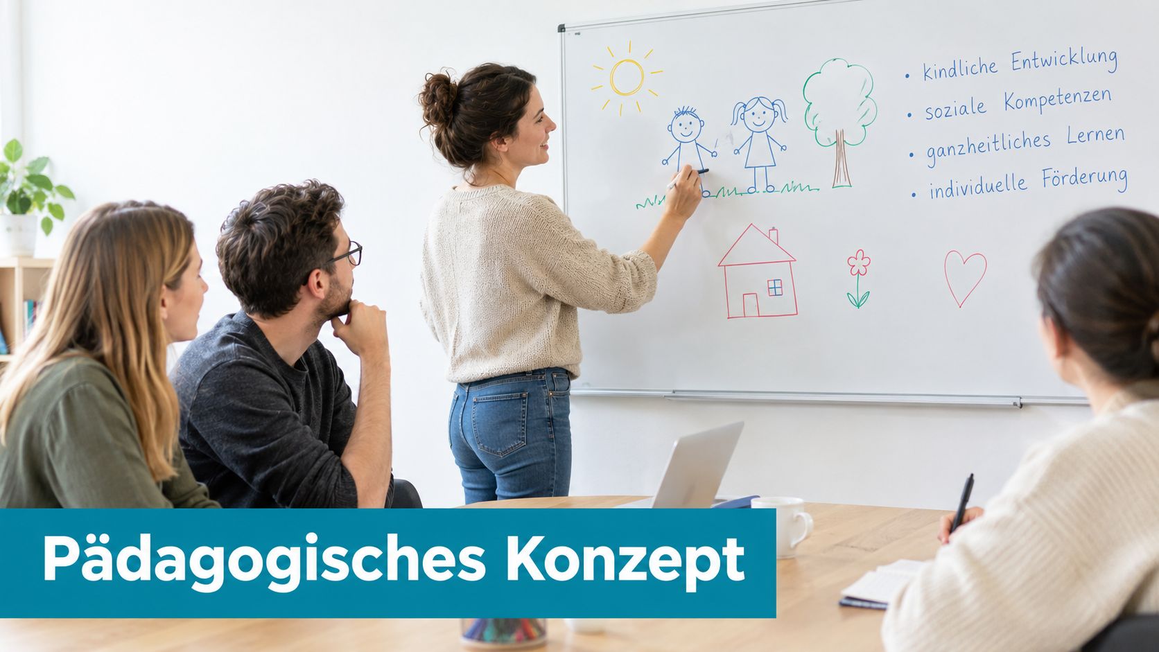 Eine Frau präsentiert ein pädagogisches Konzept vor einem Team bei einer Besprechung in einem modernen Büro.