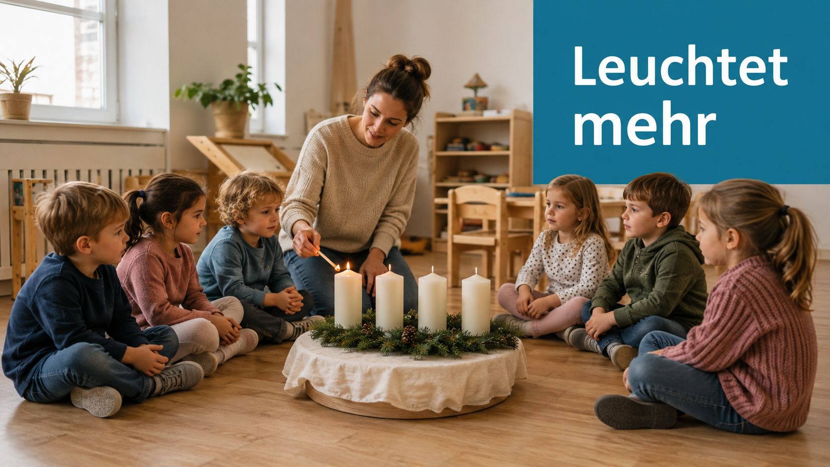Eine Lehrerin zündet in einem hellen Klassenzimmer eine Kerze auf einem Adventskranz vor aufmerksam zuhörenden Kindern an.