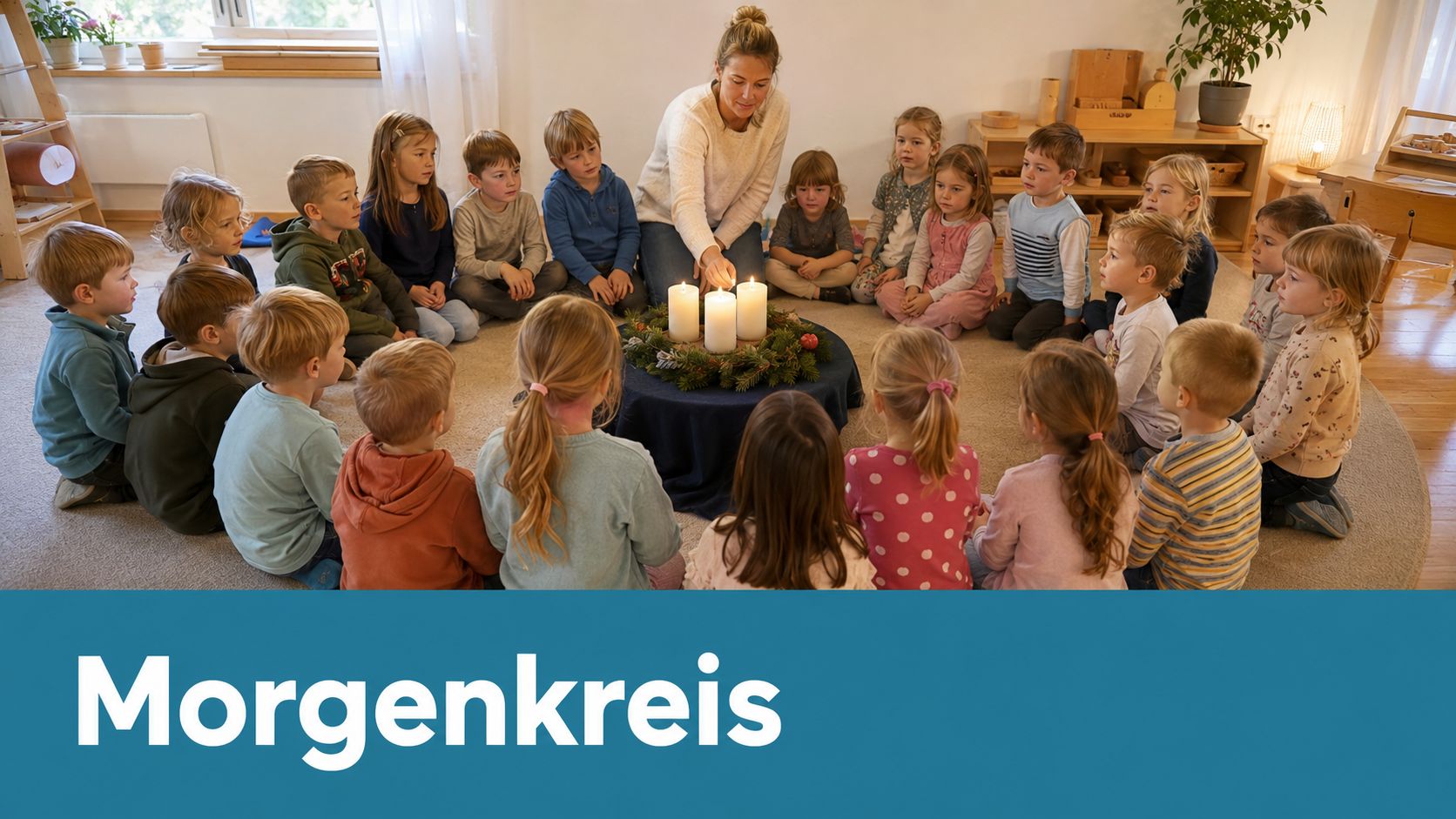 Eine Kindergartengruppe sitzt im Kreis mit einer Lehrerin um eine Adventskerze während des Morgenkreises im Kindergarten.
