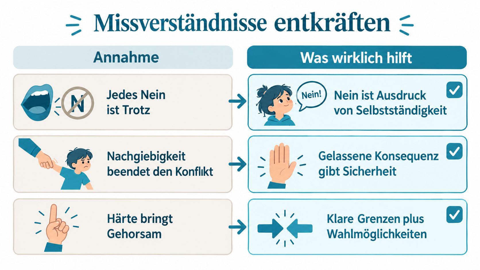 Eine Infografik zur Autonomiephase, die verbreitete Missverständnisse über kindliches Nein-Sagen und Erziehungsmethoden korrigiert und hilfreiche Alternativen aufzeigt.