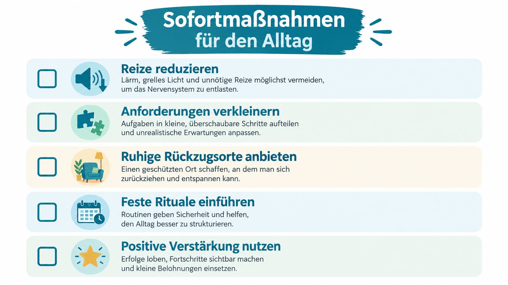 Infografik mit fünf praktischen Sofortmaßnahmen für den Alltag zur Unterstützung bei Überforderung oder Reizüberflutung im täglichen Leben.