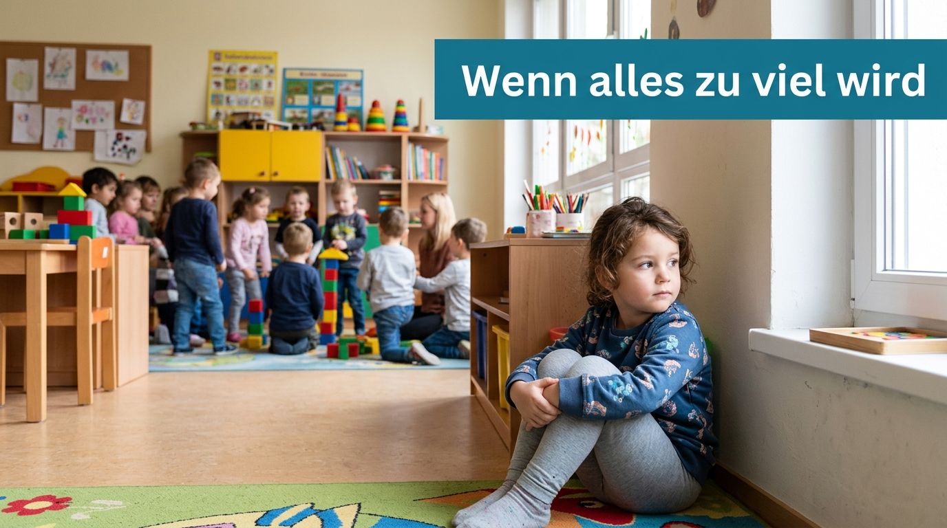 Ein kleines Mädchen sitzt traurig und isoliert am Boden eines Kindergartens, während andere Kinder im Hintergrund spielen.
