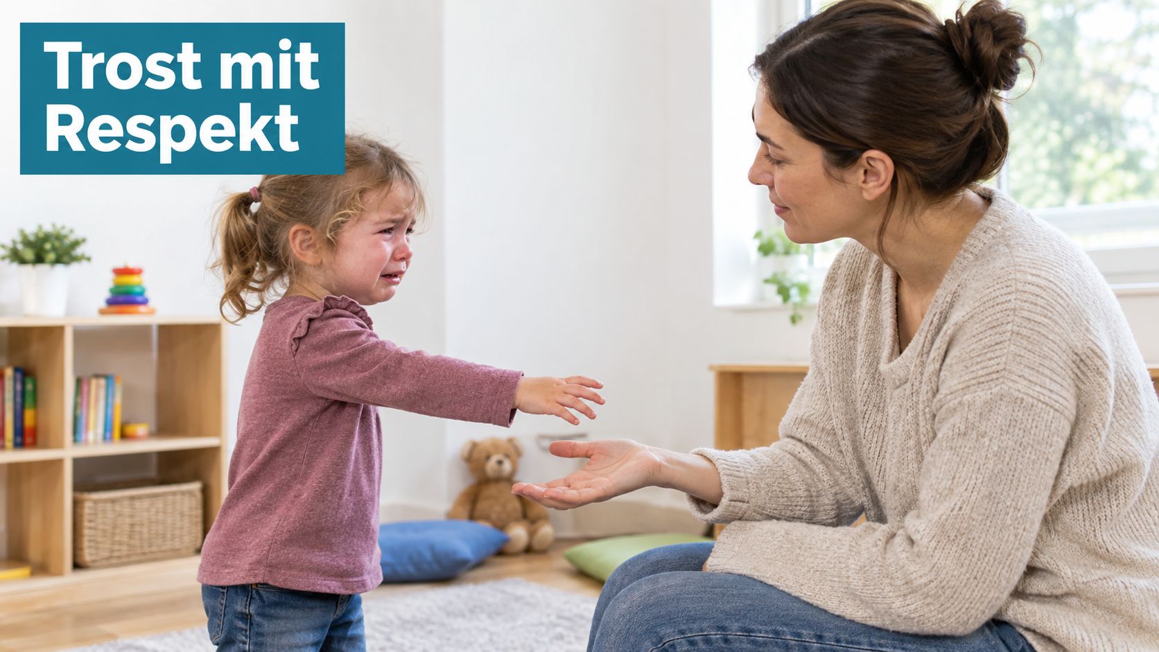 Eine erwachsene Person tröstet respektvoll ein weinendes kleines Kind in einer Kita oder einem Zuhause.