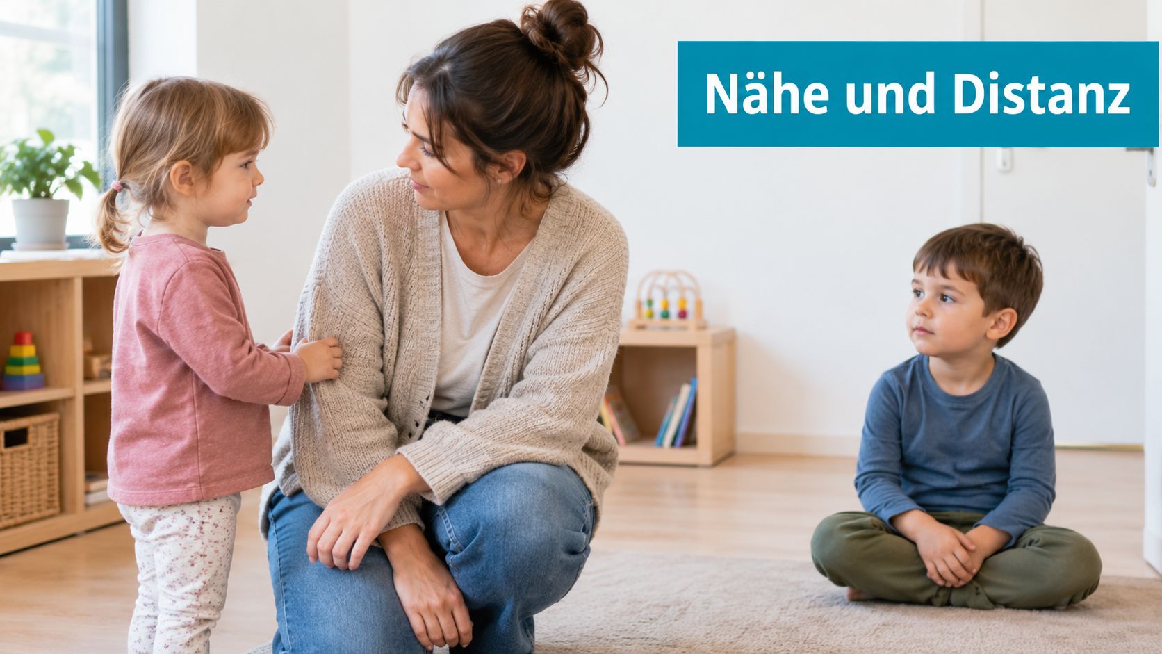 Eine Pädagogin kniet auf dem Boden und schenkt einem Kind Aufmerksamkeit, während ein anderer Junge zuschaut.