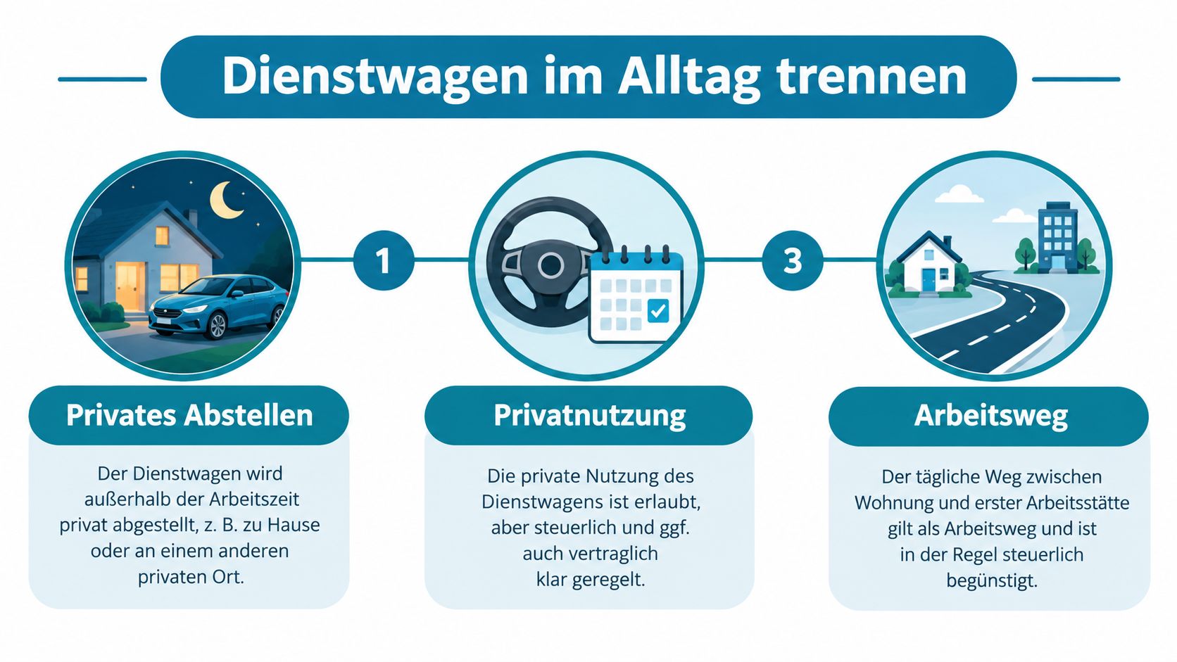 Infografik zur steuerlichen Trennung und Nutzung von Dienstwagen für Privatfahrten, Arbeitswege und privates Abstellen zu Hause.