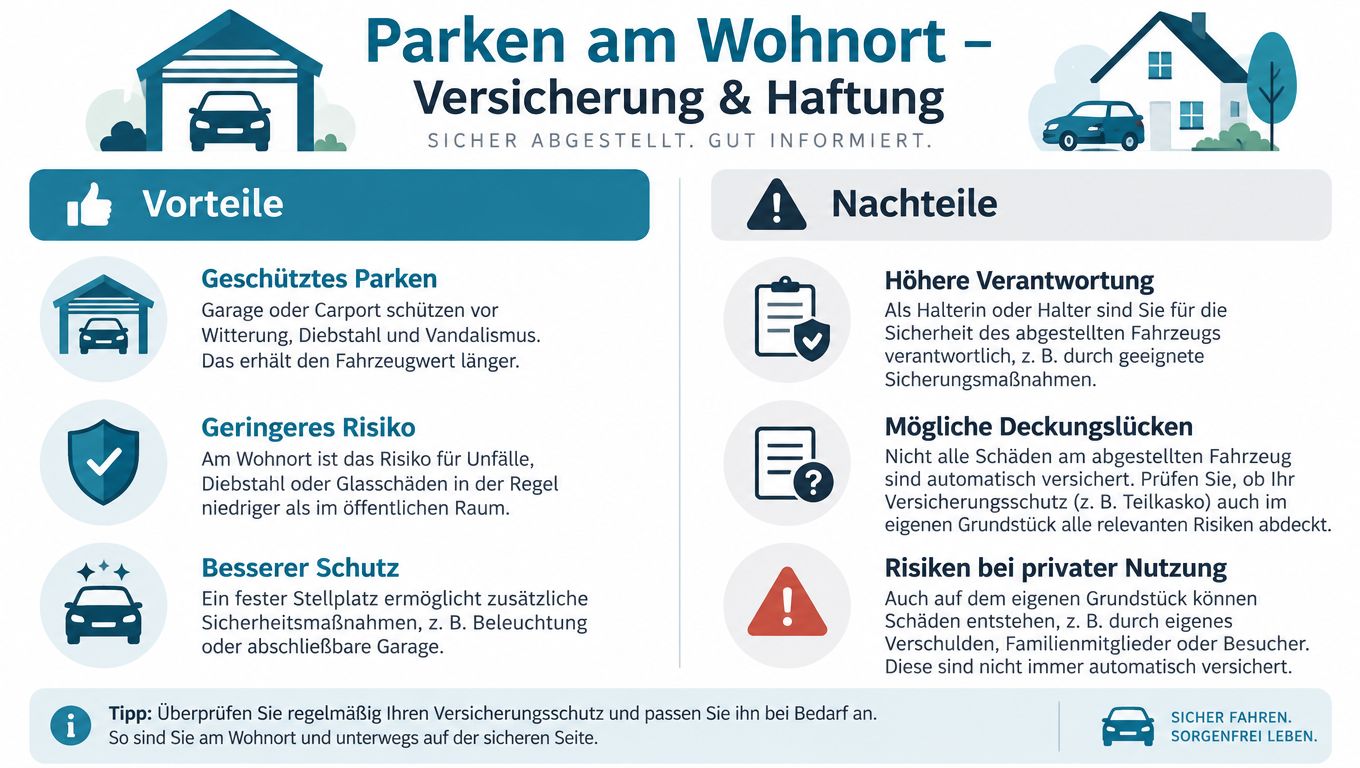 Informationsgrafik zur Versicherung und Haftung beim Parken von Fahrzeugen am Wohnort mit Vor- und Nachteilen.