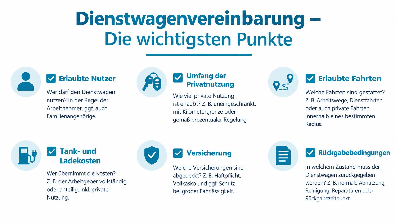 Eine Übersicht der wichtigsten Punkte in einer Dienstwagenvereinbarung, wie Nutzung, Kosten und Rückgabebedingungen für Firmenwagen.
