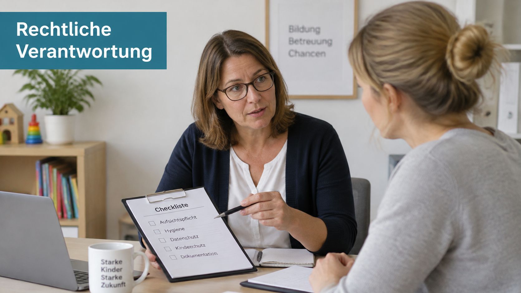 Eine Kitaleiterin bespricht rechtliche Aufgaben anhand einer Checkliste mit einer Mitarbeiterin in einem hellen Büro.