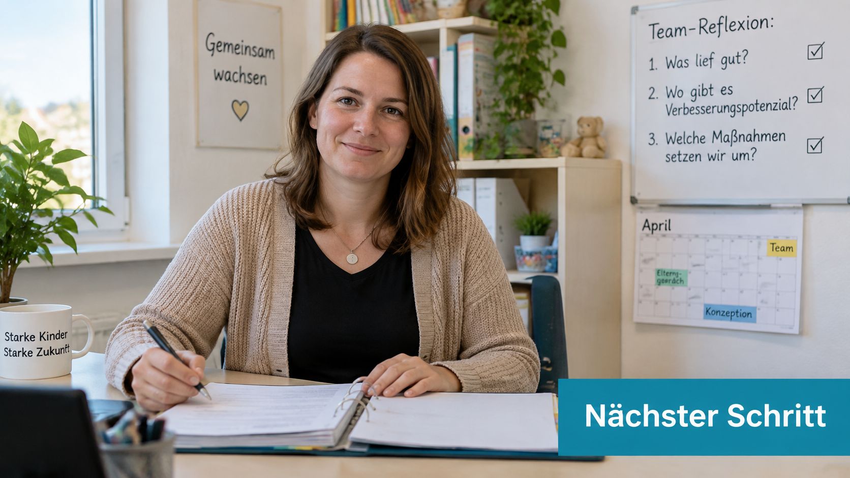 Eine Kita-Leiterin sitzt an ihrem Schreibtisch und notiert konzentriert Aufgaben in einen Ordner im Büro.