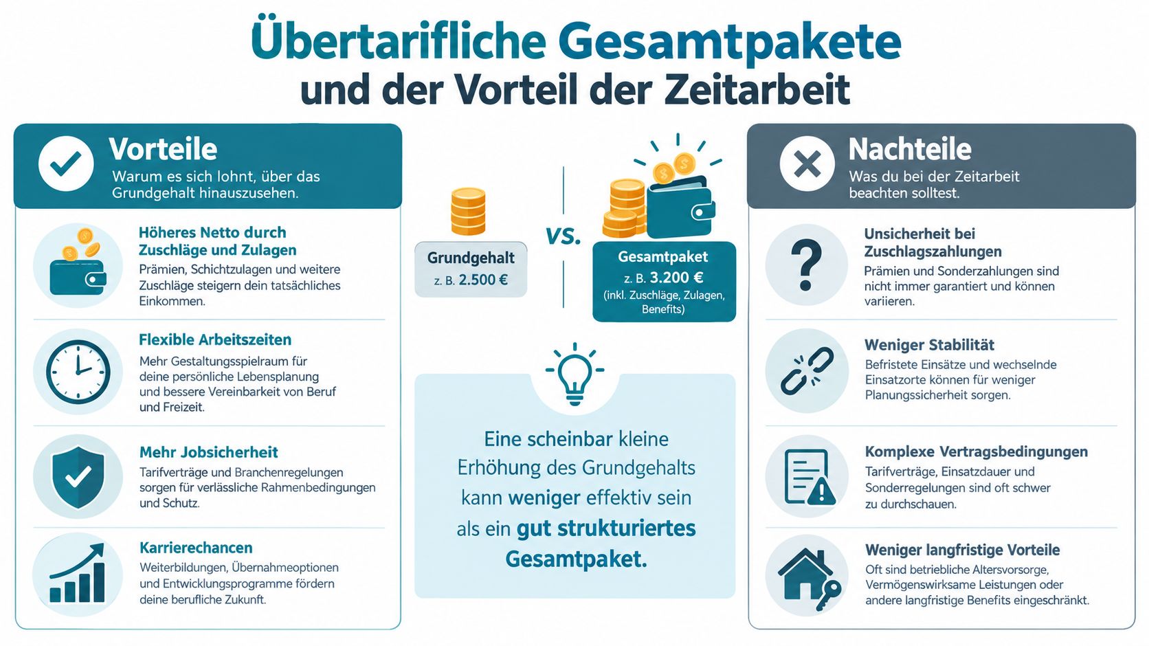 Grafik zum Vergleich von Grundgehalt und Gesamtpaket in der Zeitarbeit mit Vor- und Nachteilen für Arbeitnehmer.