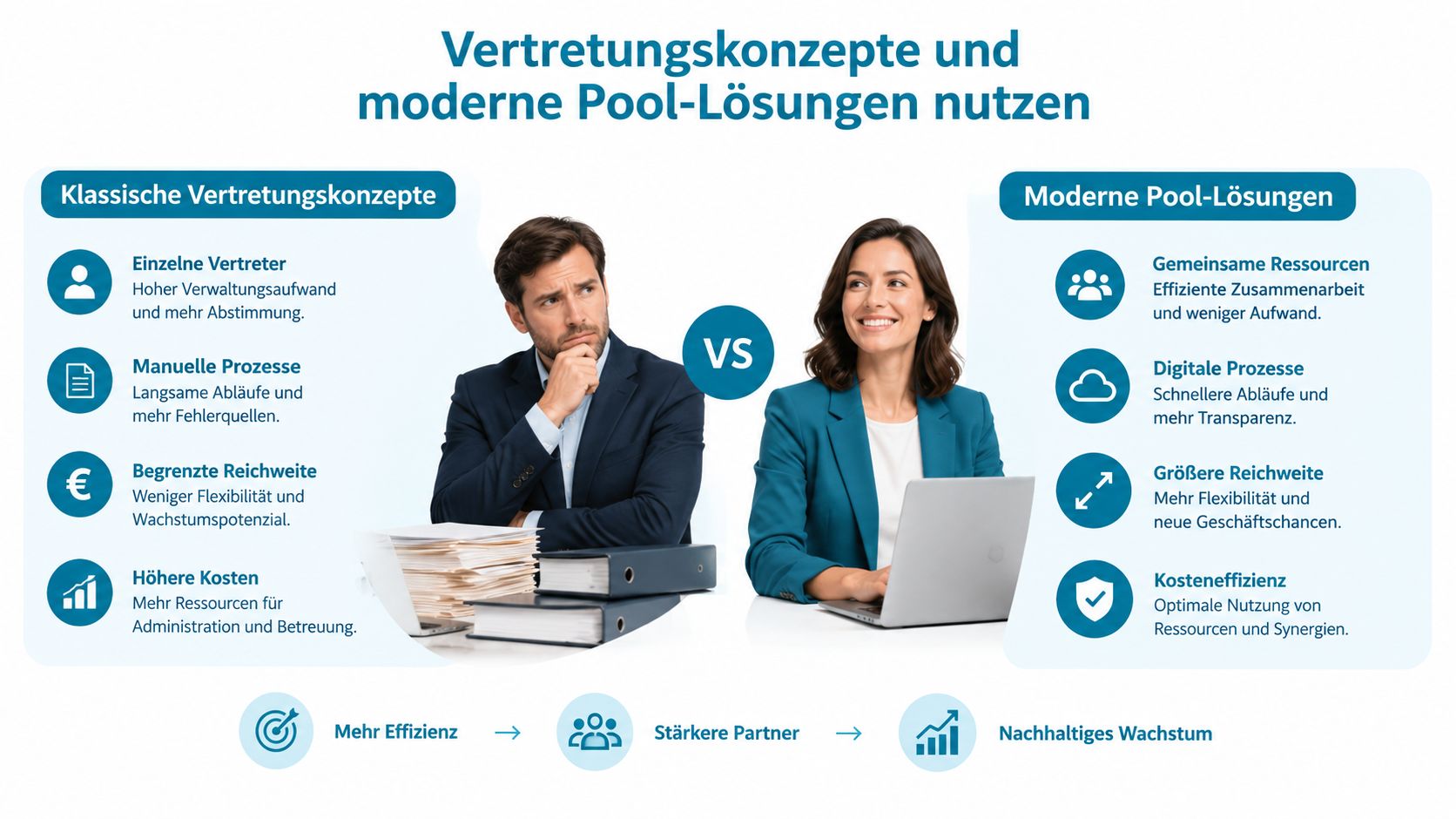 Vergleich zwischen klassischen Vertretungskonzepten mit hohem Verwaltungsaufwand und modernen, digitalen Pool-Lösungen für effiziente Zusammenarbeit.