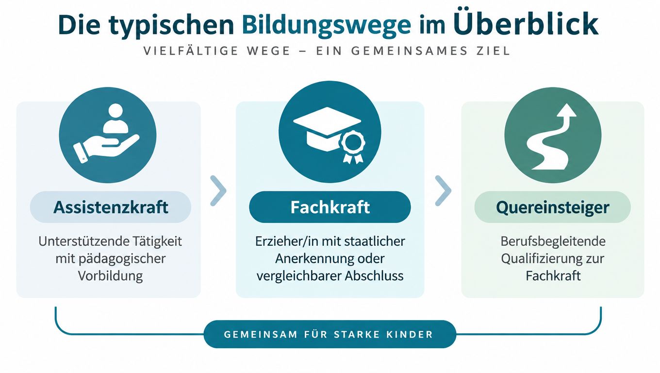 Übersicht der typischen Bildungswege zur pädagogischen Fachkraft, Assistenzkraft oder als Quereinsteiger in der Kindertagesbetreuung.
