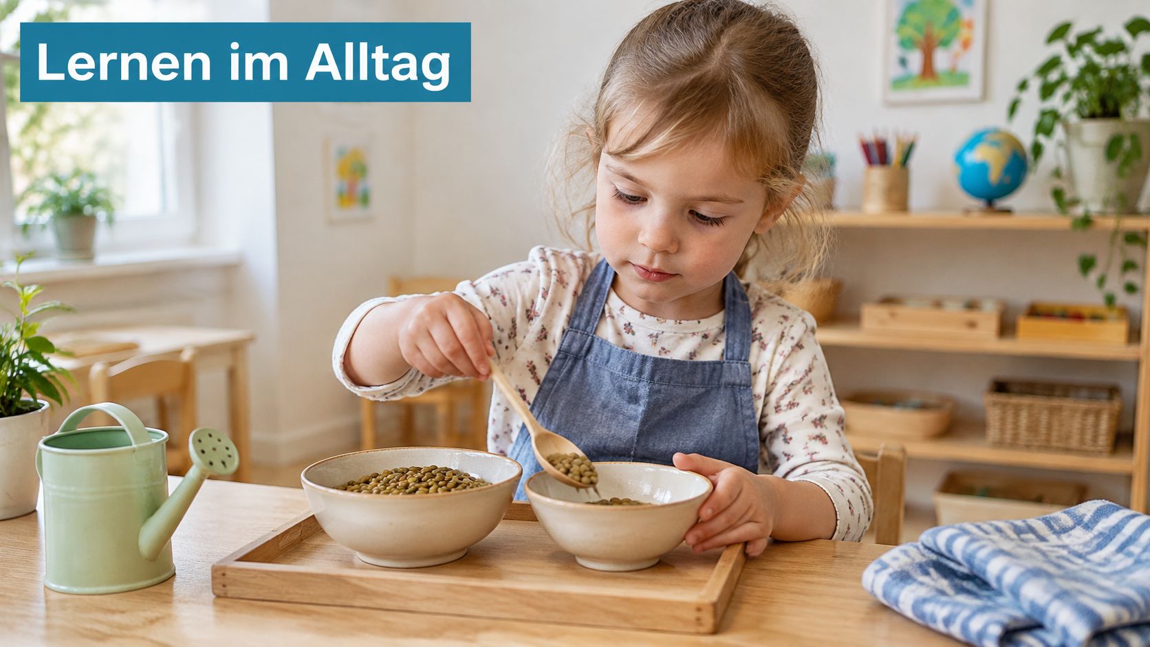Ein kleines Mädchen konzentriert sich beim Löffeln von Linsen in einer Montessori-Einrichtung während ihres Alltags.