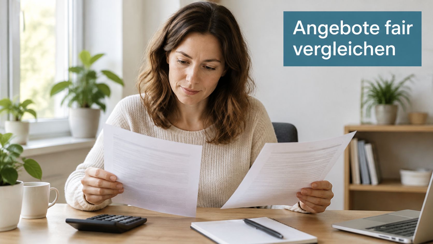 Eine Frau sitzt konzentriert am Schreibtisch und vergleicht sorgfältig verschiedene Unterlagen und Angebote mit ihrem Taschenrechner.