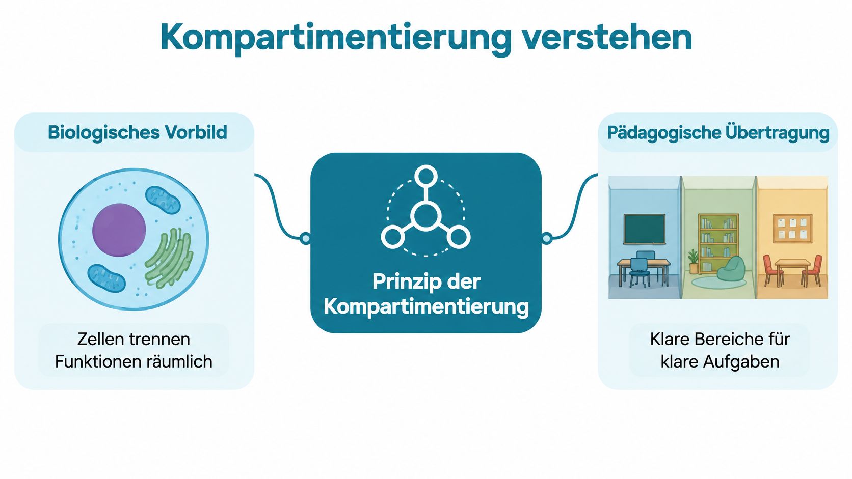 Eine Infografik erklärt das Prinzip der Kompartimentierung durch den Vergleich einer biologischen Zelle mit pädagogischen Lernbereichen.