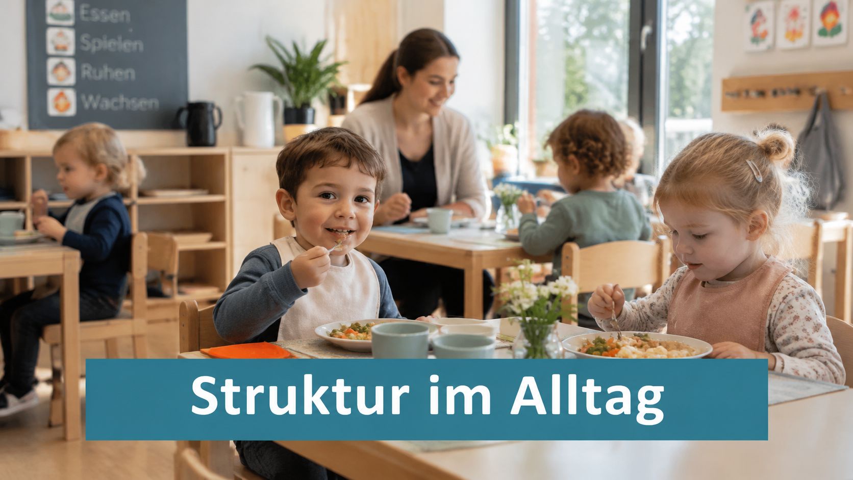 Kinder beim gemeinsamen Mittagessen in einer Kita, unterstützt durch eine visuelle Strukturierung an der Wandtafel.