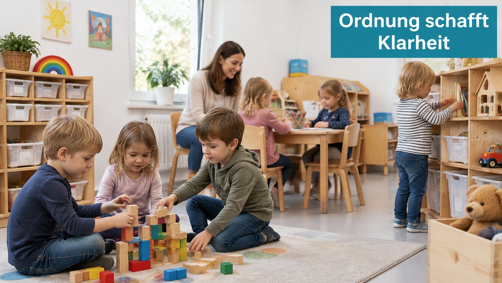 Eine Kindergärtnerin beobachtet spielende Kinder in einem ordentlichen, hellen Gruppenraum mit Holzmöbeln und pädagogischem Spielzeug.