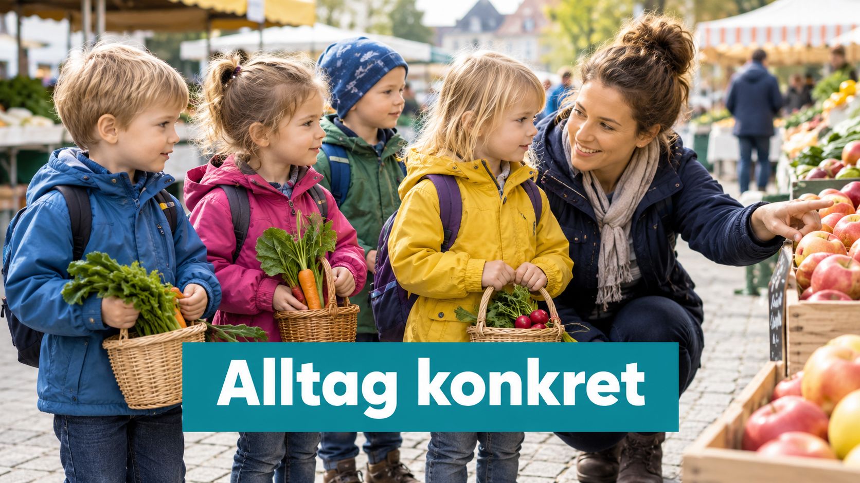 Eine Frau zeigt Kindern auf einem Markt frisches Obst und Gemüse, während diese kleine Körbe tragen.
