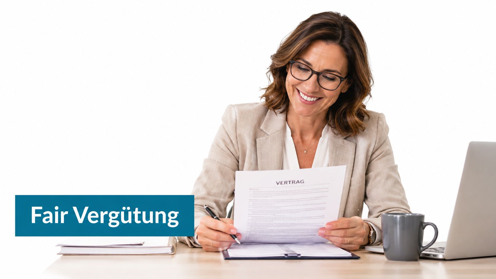 Eine lächelnde Frau in einem Business-Outfit liest konzentriert einen Vertrag an ihrem Schreibtisch mit einem Laptop.