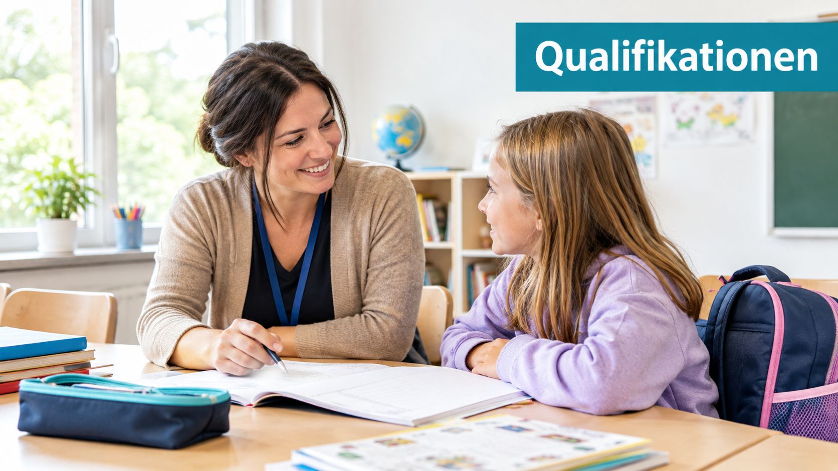 Eine freundliche Schulbegleiterin unterstützt eine Grundschülerin während des Unterrichts bei ihren Hausaufgaben in einem hellen Klassenzimmer.