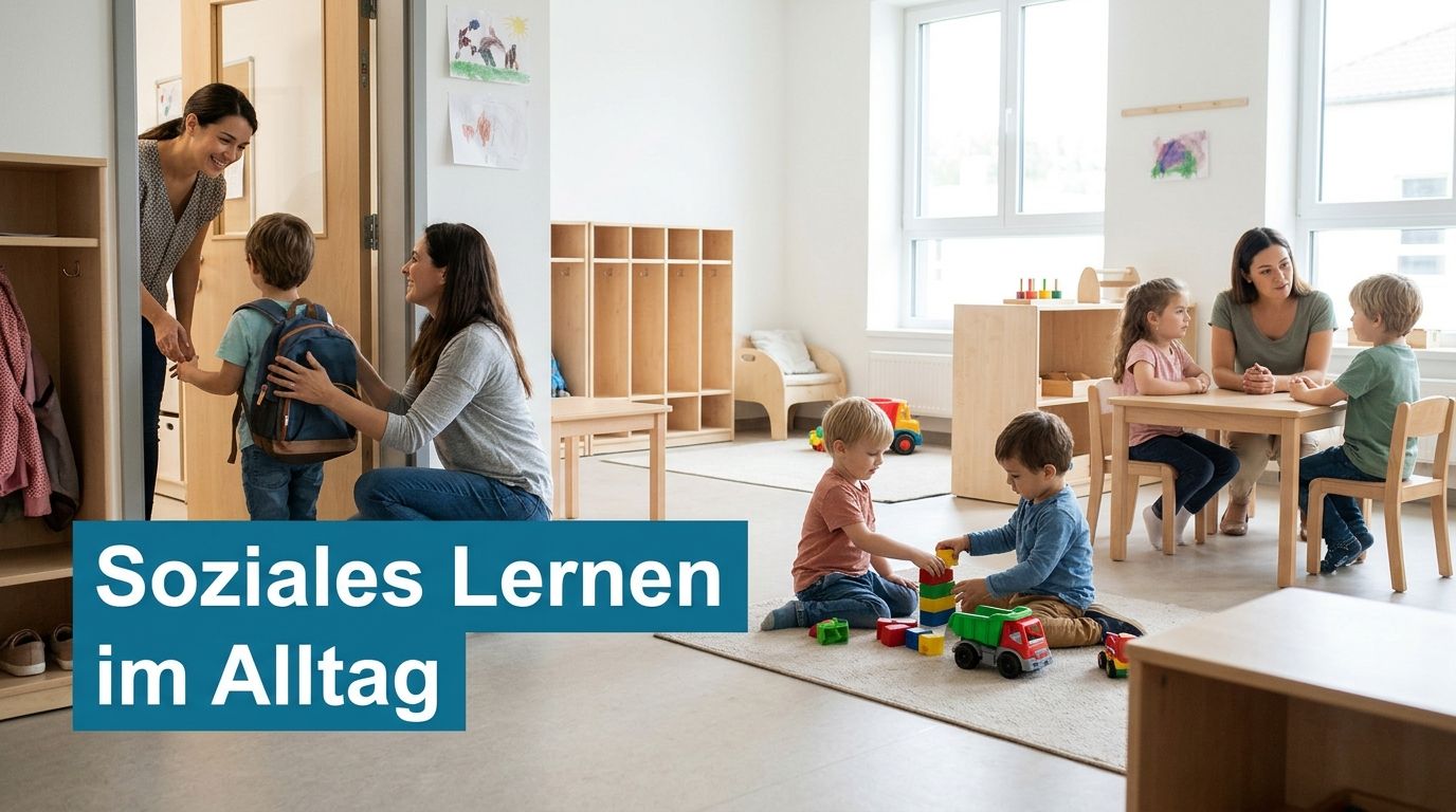 Kinder und Erzieherinnen interagieren in einem freundlichen Kindergartenraum während des täglichen sozialen Lernprozesses in einer Gruppe.