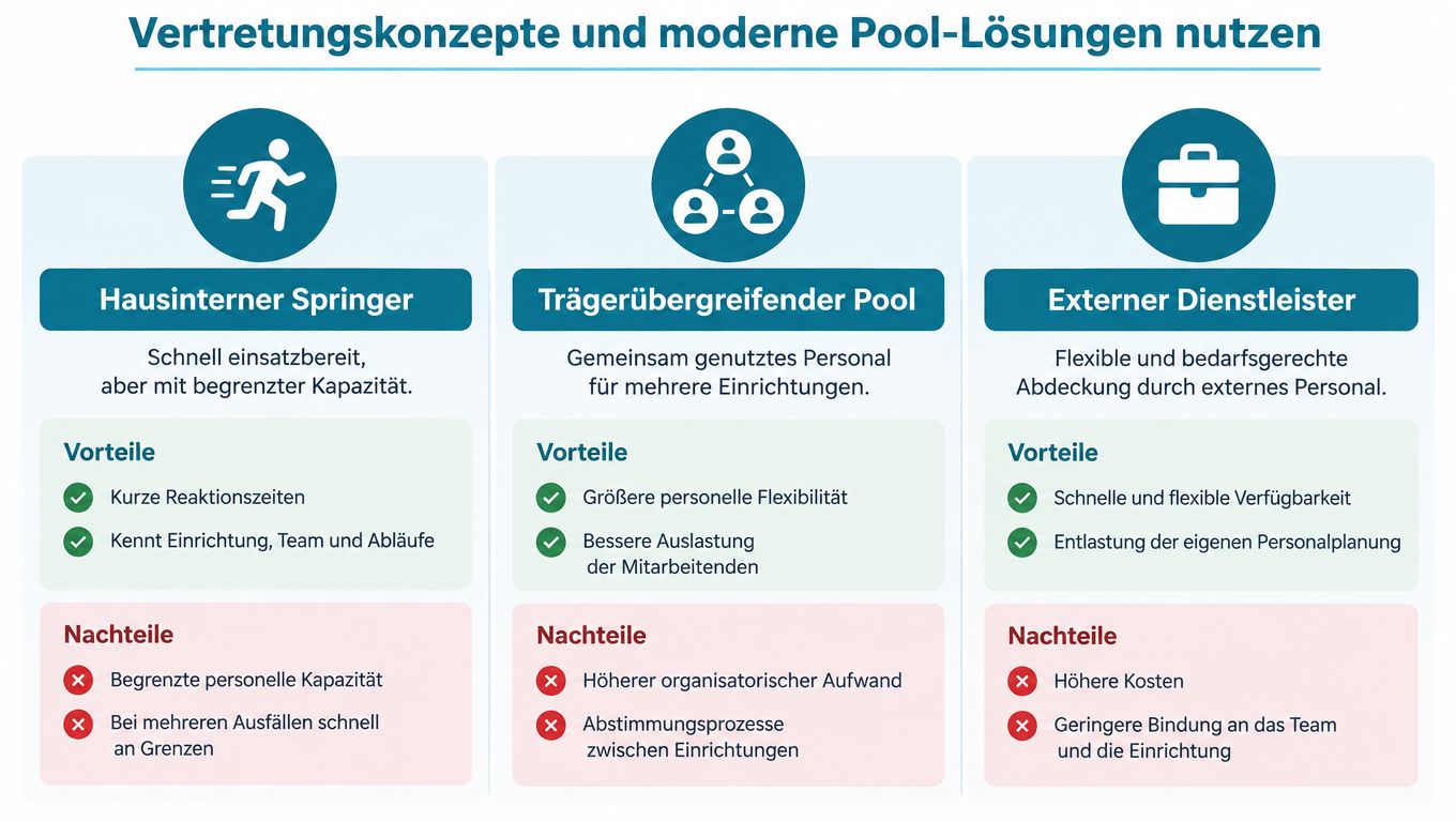 Übersicht zu Vertretungskonzepten für Personal: Hausinterner Springer, trägerübergreifender Pool und externer Dienstleister mit Vor- und Nachteilen.
