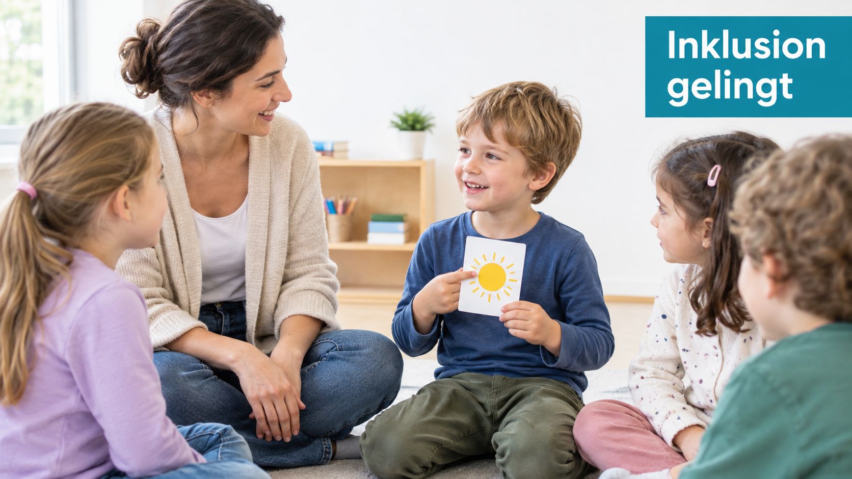 Eine Lehrerin sitzt mit einer Gruppe kleiner Kinder im Kreis und zeigt auf eine Sonnen-Bildkarte.