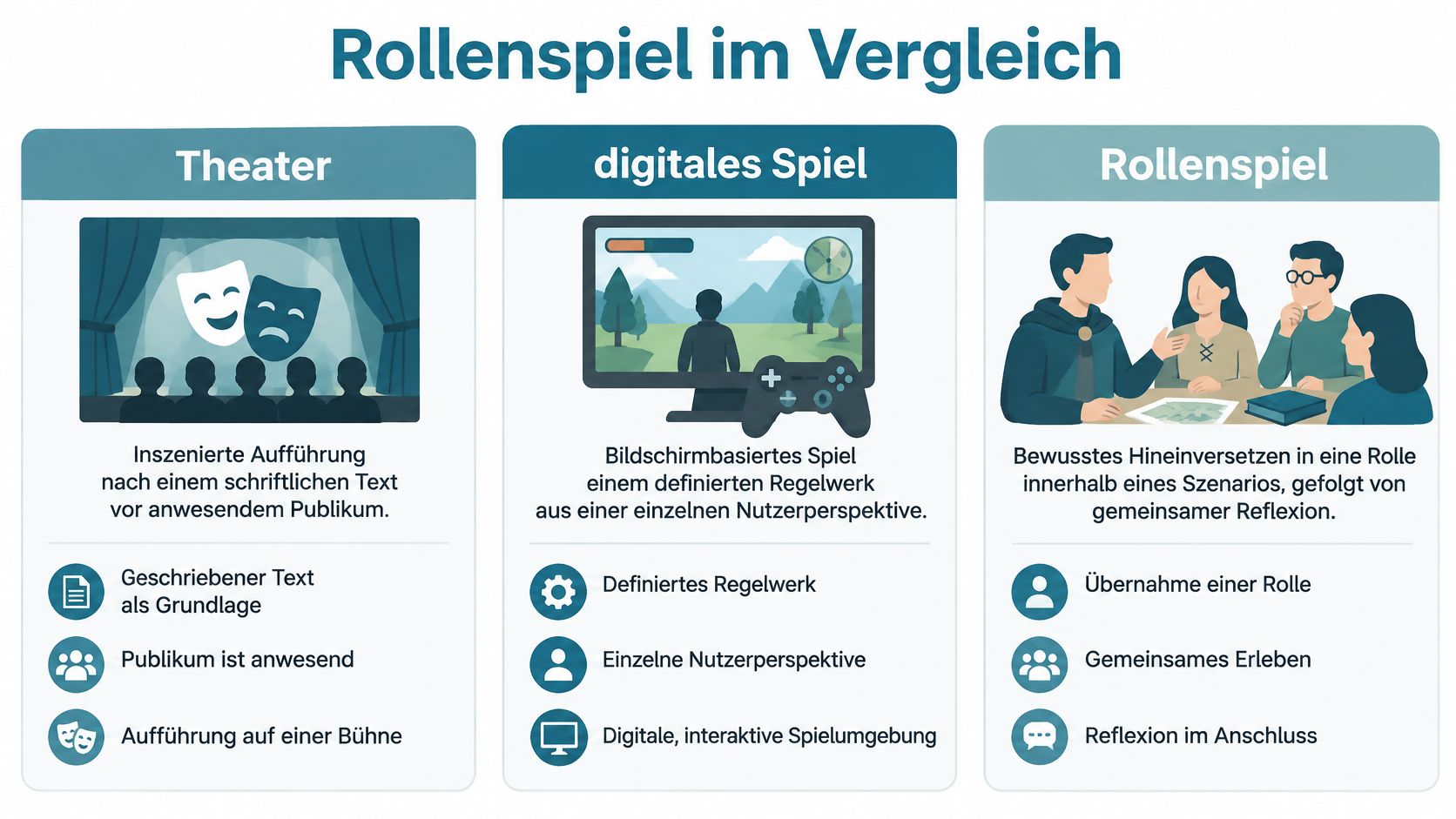 Vergleichsgrafik zwischen Theater, digitalem Spiel und Rollenspiel mit den jeweiligen Merkmalen und einer kurzen inhaltlichen Erläuterung.