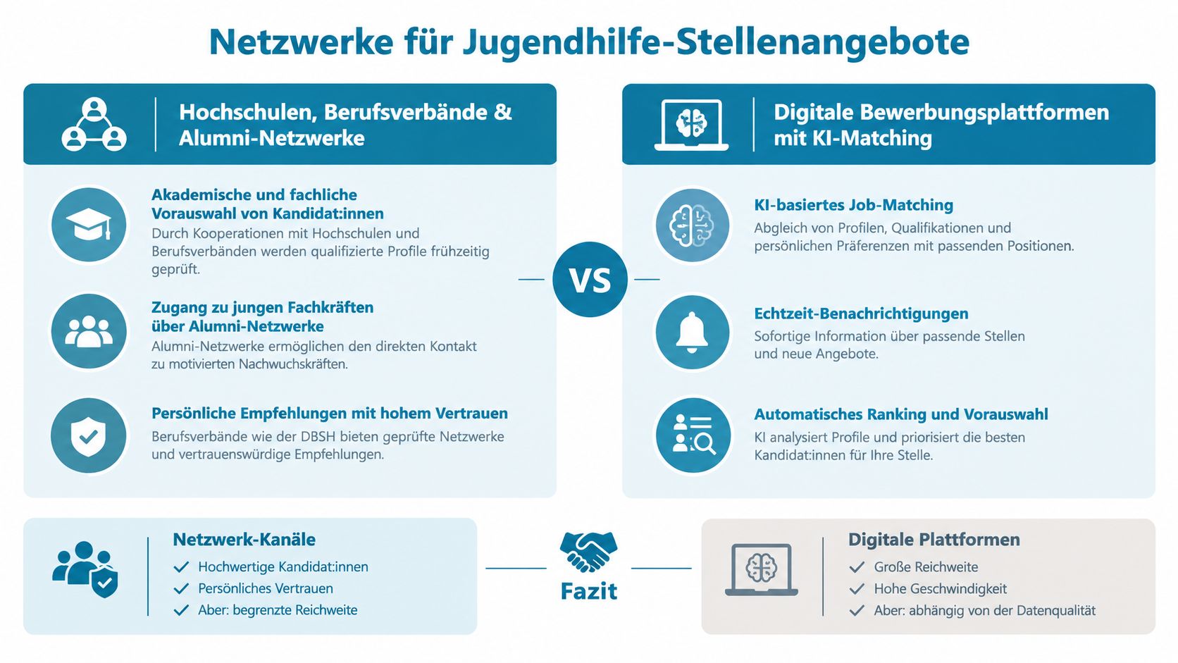 Vergleich zwischen traditionellen Netzwerken und digitalen Plattformen für die Vermittlung von Jugendhilfe-Stellenangeboten in einer übersichtlichen Infografik.